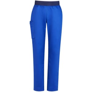 A pair of women's straight leg scrub pants in vibrant blue, featuring a side pocket and an elastic waistband.