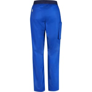 A pair of blue women's straight leg scrub pants with a pocket, featuring an elastic waistband and a logo.