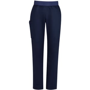 Navy women's straight-leg scrub pants featuring a side pocket and an elastic waistband. Includes branding on the waistband.