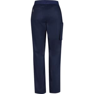 Navy women's scrub pants featuring a straight leg design and a side pocket, with a logo on the back.