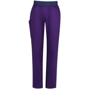 Purple straight leg scrub pants with a navy waistband and a side pocket. The design is tailored for women's uniforms.