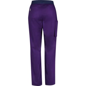 Purple women's straight leg scrub pants featuring a back pocket and a side cargo pocket. Includes a branded logo.