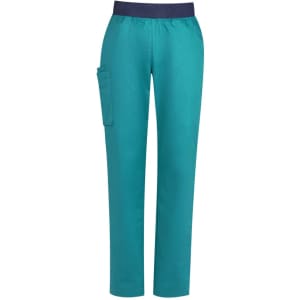Teal women's straight leg scrub pants with a navy waistband and side pocket, featuring a logo.