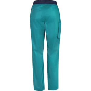 A pair of teal women's straight leg scrub pants featuring a back pocket and a navy waistband.