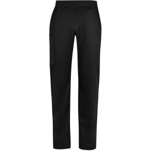 Black straight leg scrub pants with a side pocket, featuring an elastic waistband and a logo on the fabric.