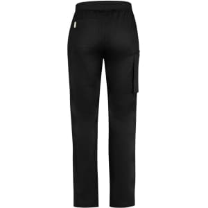 Black men's straight leg scrub pants with a flat waistband, featuring a side pocket and a logo.