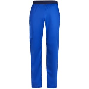 Bright blue straight leg scrub pants featuring an elastic waist and side pocket, with a dark blue waistband.