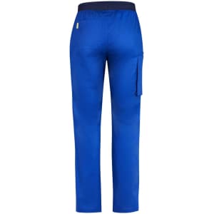 Men's Riley straight leg scrub pant in blue, featuring a back pocket and side cargo pocket, with a waistband detail.