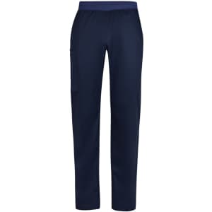 Navy straight leg scrub pants with an elastic waistband and a side pocket, featuring a logo.