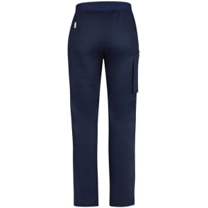 Men's straight leg scrub pants in navy blue, featuring a side pocket and an elastic waistband. Includes a branding logo.