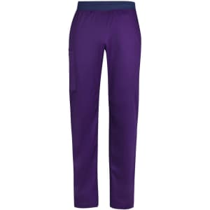 A pair of purple straight leg scrub pants featuring an elastic waistband and a side pocket.
