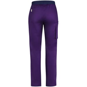 Purple straight leg scrub pants featuring a back pocket and side cargo pocket, with an elastic waistband.