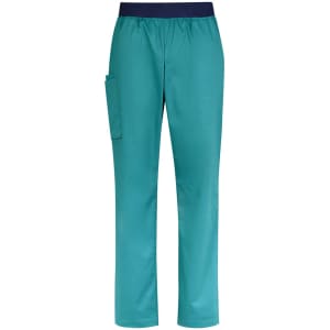 Teal straight leg scrub pants with a navy elastic waistband and a side pocket. Includes a logo on the waistband.