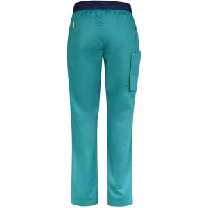 A pair of men's straight leg scrub pants in teal, featuring a back pocket and a logo.