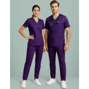Purple scrub pants featured alongside a matching top, modelled by a woman and a man, both standing against a light background.