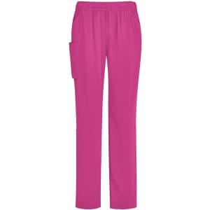 Unisex pink scrub pants with an elastic waistband and a side pocket. Features a smooth, lightweight fabric.