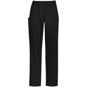 Black women's scrub pants with a comfortable elastic waistband and side pockets, featuring a small logo.