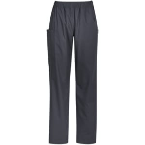 Women's Tokyo scrub pants in dark grey with an elastic waistband and side pockets. Features branding.