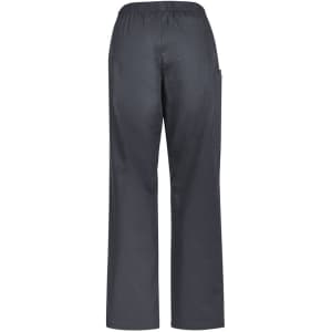 Grey women's scrub pants with an elastic waistband and side pockets, featuring a simple design and a branding label.