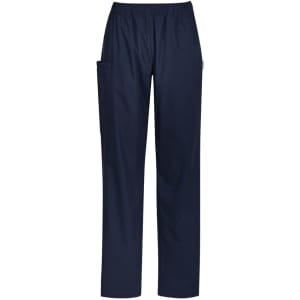 Navy women's scrub pants featuring an elastic waistband and side pockets, with a logo present.