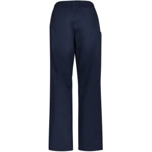 Navy blue women's scrub pants featuring a relaxed fit and an elastic waist, with a pocket on one side.