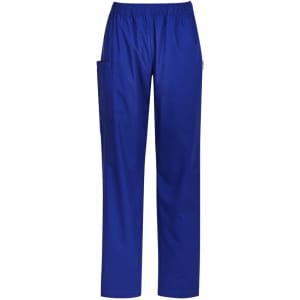 Royal blue women's scrub pants featuring an elastic waistband and side pockets. Includes a logo on the fabric.