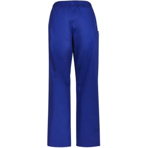 Royal blue scrub pants featuring an elastic waistband and side pocket, positioned against a white background.