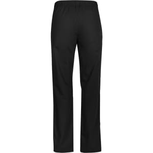 Black scrub pants with an elastic waistband and a back pocket, featuring a logo on the waistband.
