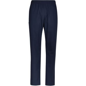 Navy scrub pants with an elastic waistband and a side pocket, featuring a logo on the design.