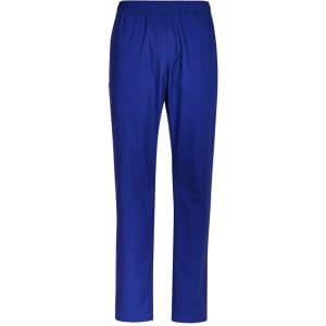 A pair of blue scrub pants featuring an elastic waistband and side pocket, with a logo on the design.