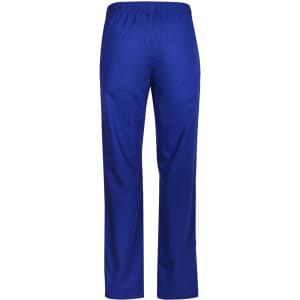 Blue men's scrub pants with an elastic waistband and back pocket, featuring a logo on them.