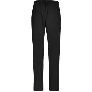 Black unisex scrub pants with a drawstring waist, featuring a logo and made from soft, flexible material.