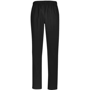 A pair of black unisex scrub pants with an elastic waistband, featuring a simple design and no visible pockets.