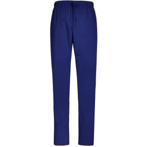 Reversible unisex scrub pants in navy blue with an elastic drawstring waist. Features a logo on the waistband.