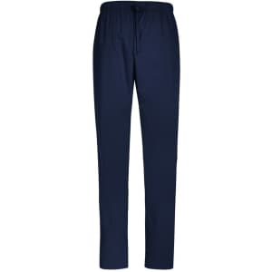 Navy unisex scrub pants with a relaxed fit, featuring an elastic waistband and drawstring, reversible design.