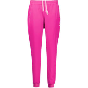 A pair of women's jogger scrub pants in vibrant pink, featuring a side pocket and a branded logo.