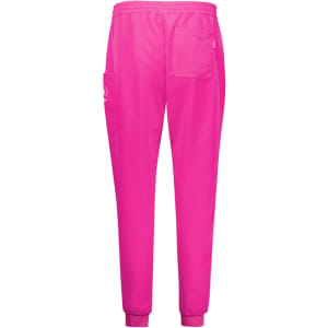 Pink jogger scrub pants with an elastic waistband and side pockets. Features branding on the leg.