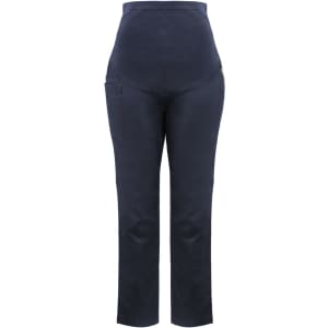 Rose maternity scrub pants in navy blue with a high waistband and side pocket, featuring a small logo.