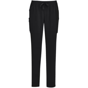 Black women's slim leg scrub pants with a drawstring waistband and side pockets. Features branding on the fabric.