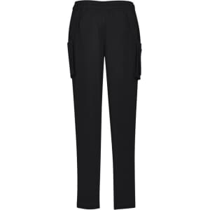 Slim leg scrub pants in black, featuring side pockets and an elastic waistband. Includes branding on the waistband.