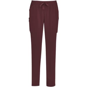 Burgundy women's slim leg scrub pants with side pockets and an adjustable waistband. Features a branding logo.