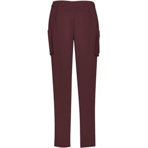 A pair of women's slim leg scrub pants in burgundy, featuring side pockets and an elastic waistband.