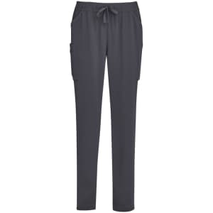 Grey slim leg scrub pants with a drawstring waist and side pockets. Features a logo on the waistband.