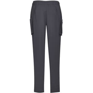 Slim leg scrub pants in dark grey with side pockets and an elastic waistband. Features branding on the waistband.