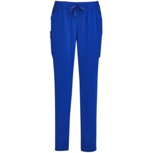 Bright blue women's Avery slim leg scrub pants featuring side pockets and an elastic waistband with a drawstring.