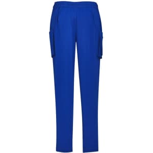 Blue women's slim leg scrub pants featuring cargo pockets and an elastic waistband. Includes a logo.