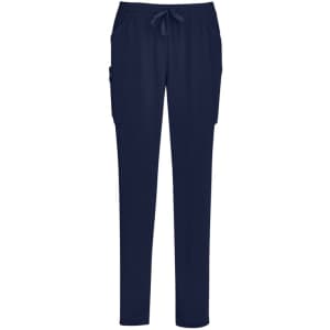 Navy women's slim leg scrub pants featuring side pockets and an elastic waistband. Includes a drawstring for adjustable fit.