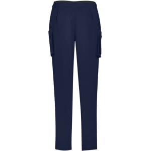 Navy women's slim leg scrub pants featuring side pockets and an elastic waistband. Includes a logo on the waistband.