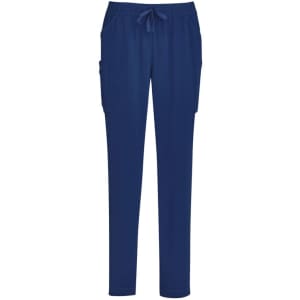 Navy blue women's slim leg scrub pants with pockets and a drawstring waist. Includes branding details.