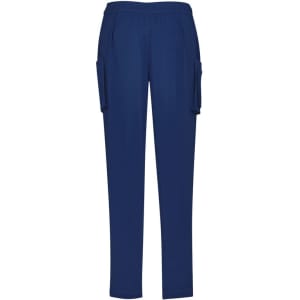 Navy blue slim leg scrub pants with side pockets and an elastic waistband, featuring a logo.